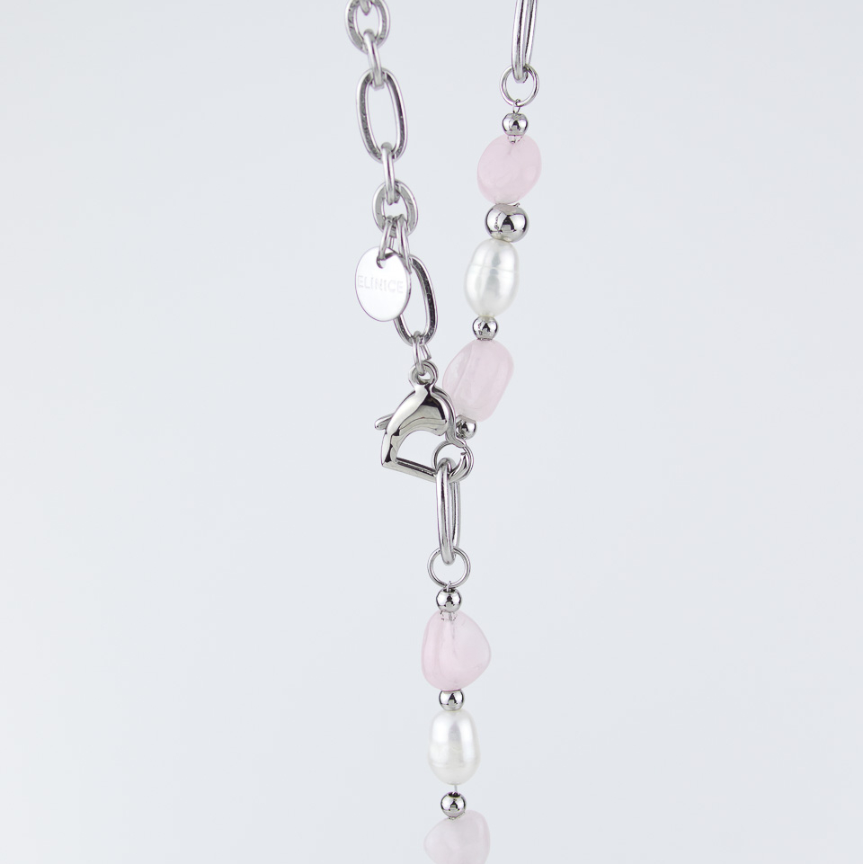 Колье ELINICE серебристое с розовым кварцем и натуральным жемчугом