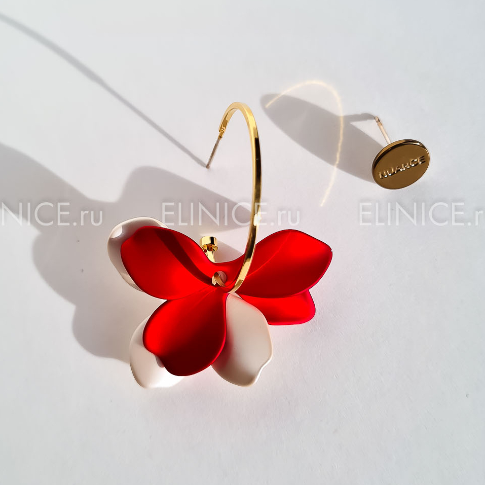 Серьги NUANCE алый и бежевый цветок асимметрия