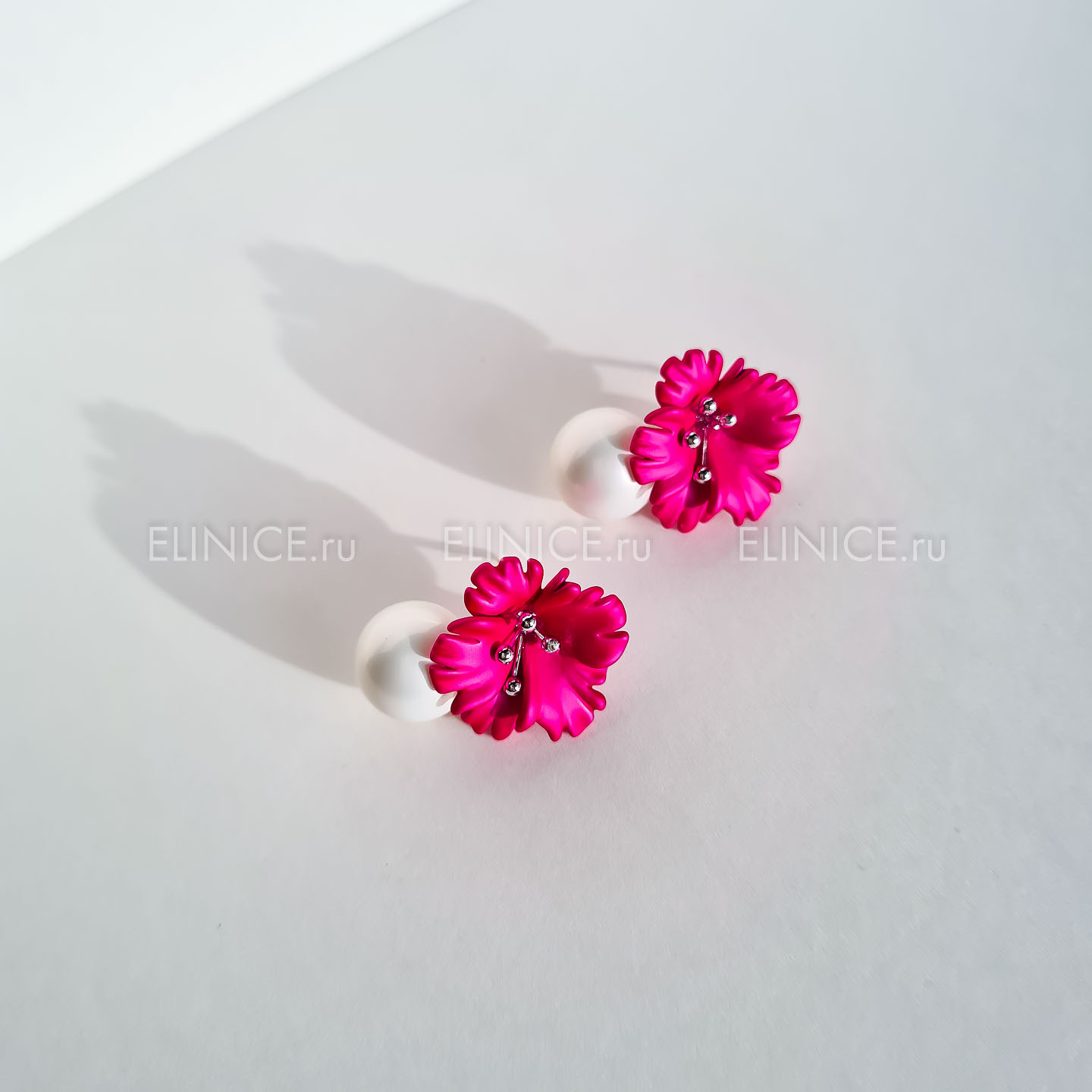 Серьги NUANCE цветочки фуксия с жемчужиной