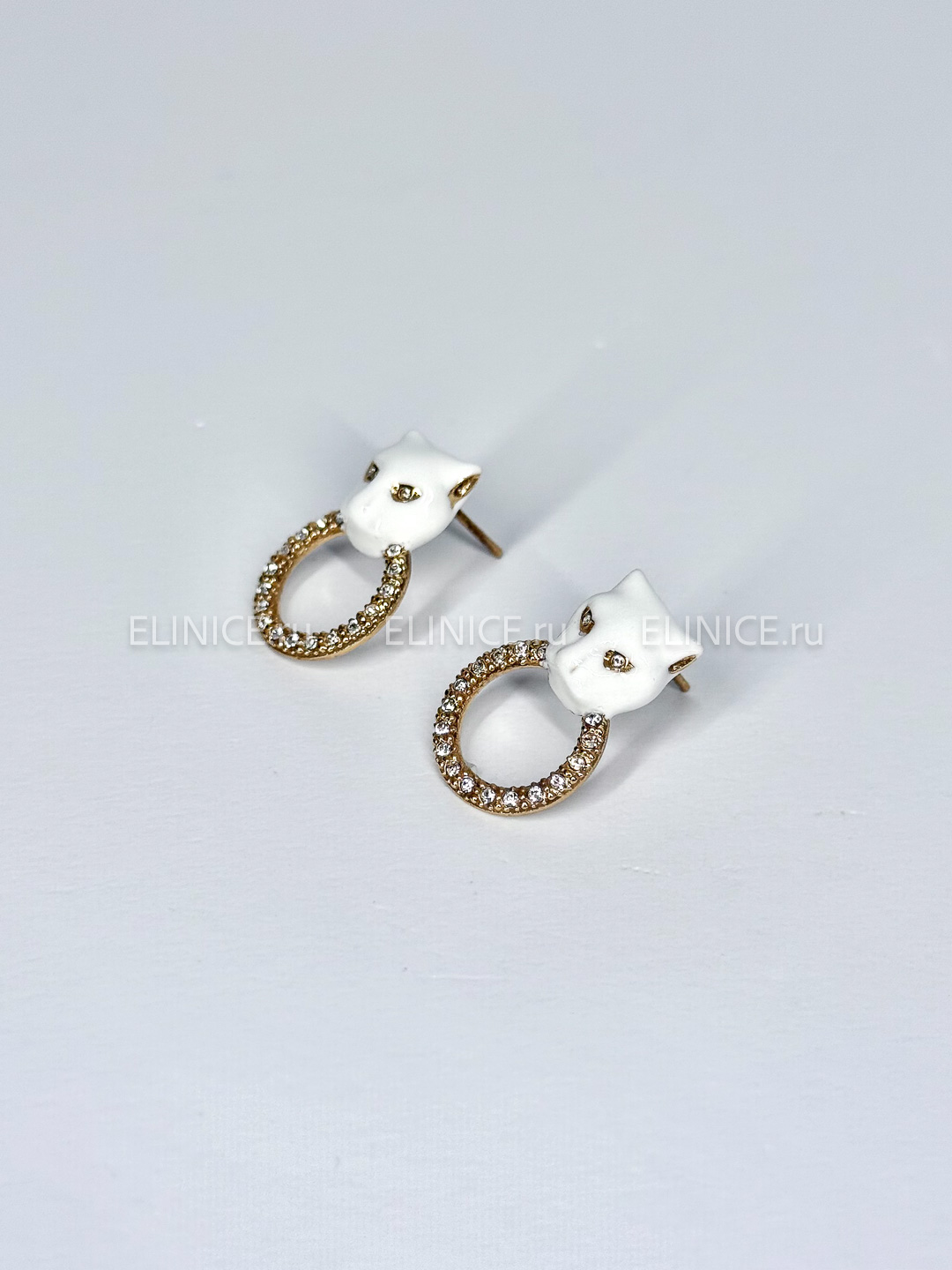 Серьги POLINA FIRENZE малые белые пантеры с кольцами с кристаллами OR2958
