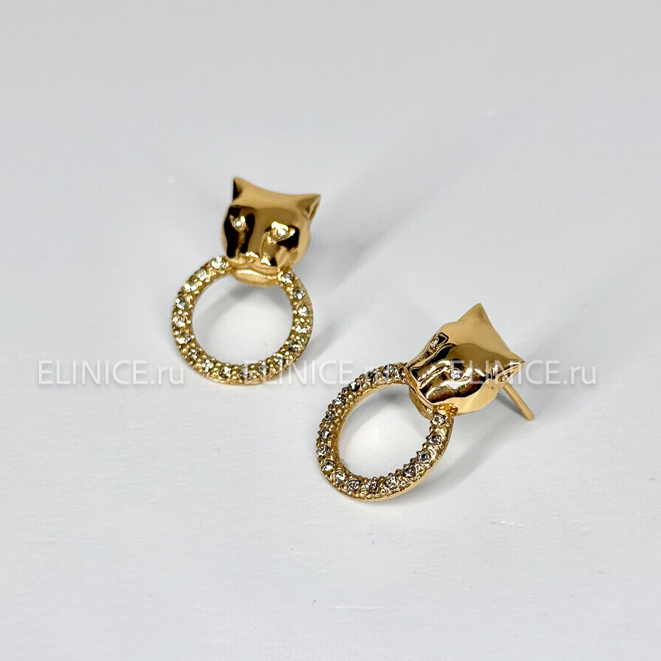 Серьги POLINA FIRENZE малые золотые пантеры с кольцами с кристаллами OR2959