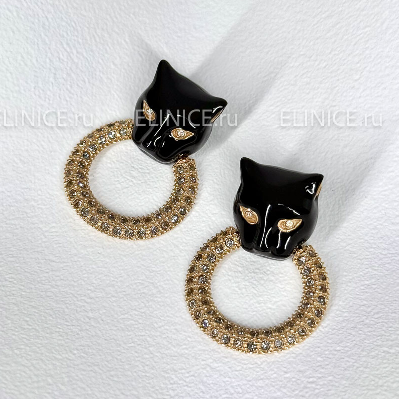 Серьги POLINA FIRENZE двойные пантеры чёрные с кольцом OR2333