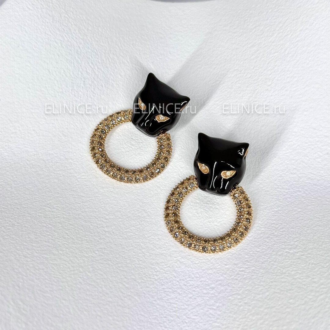 Серьги POLINA FIRENZE двойные пантеры чёрные с кольцом OR2333