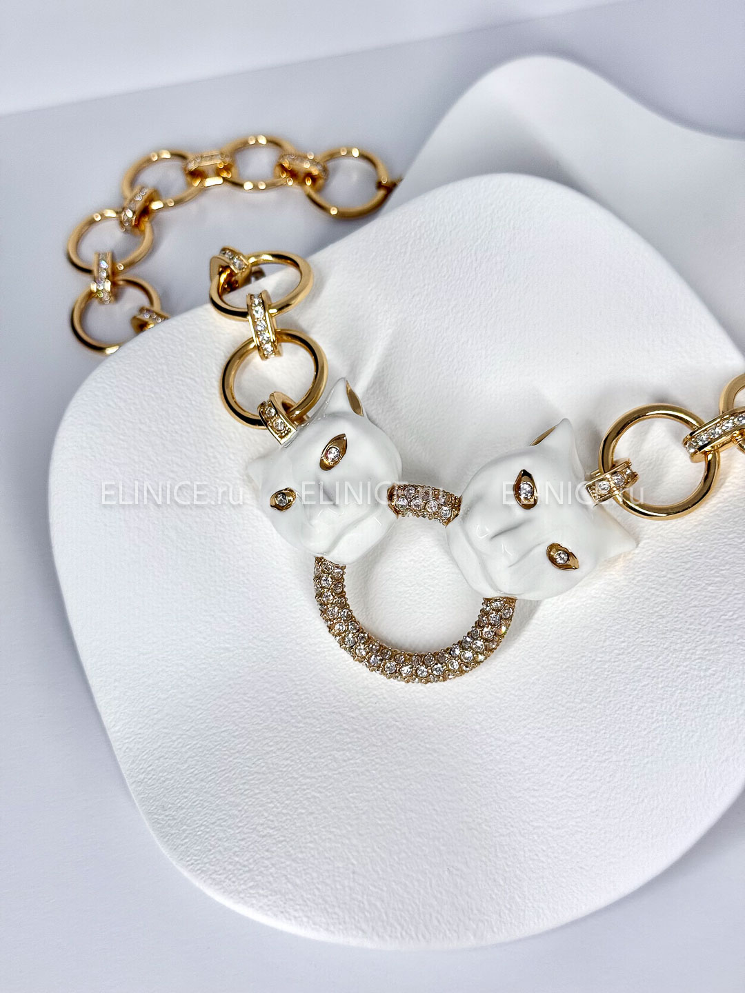 Колье POLINA FIRENZE пантеры белые крупные с цепью и кристаллами CL3079W