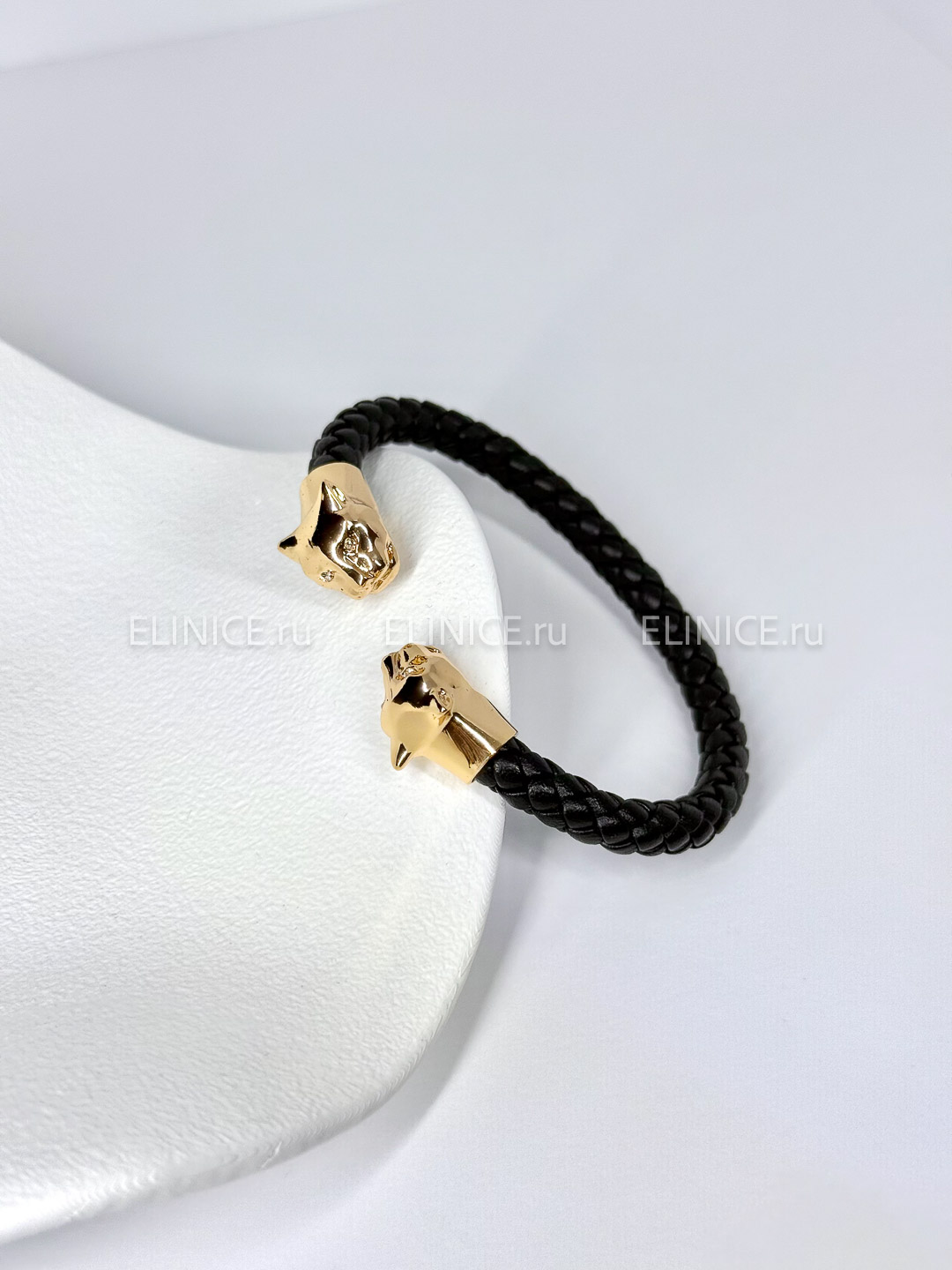 Браслет POLINA FIRENZE золотые пантеры с кожаным плетением BR4331