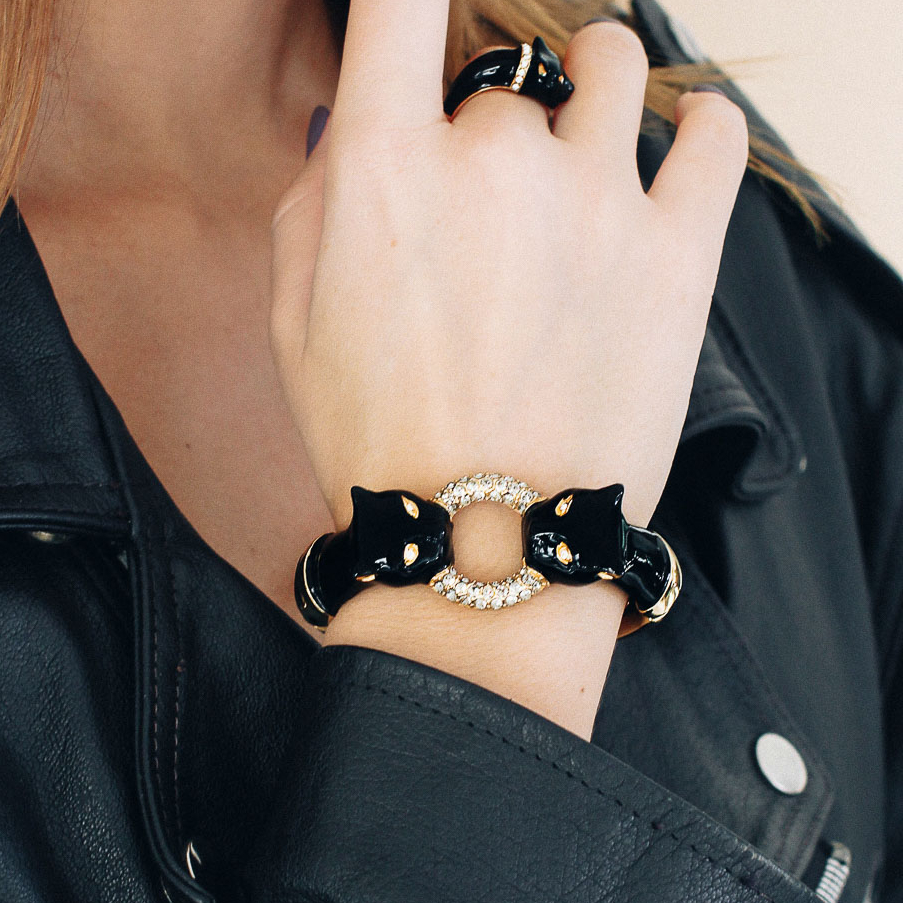 Браслет POLINA FIRENZE BR1415 Чёрные пантеры с кольцом крупные