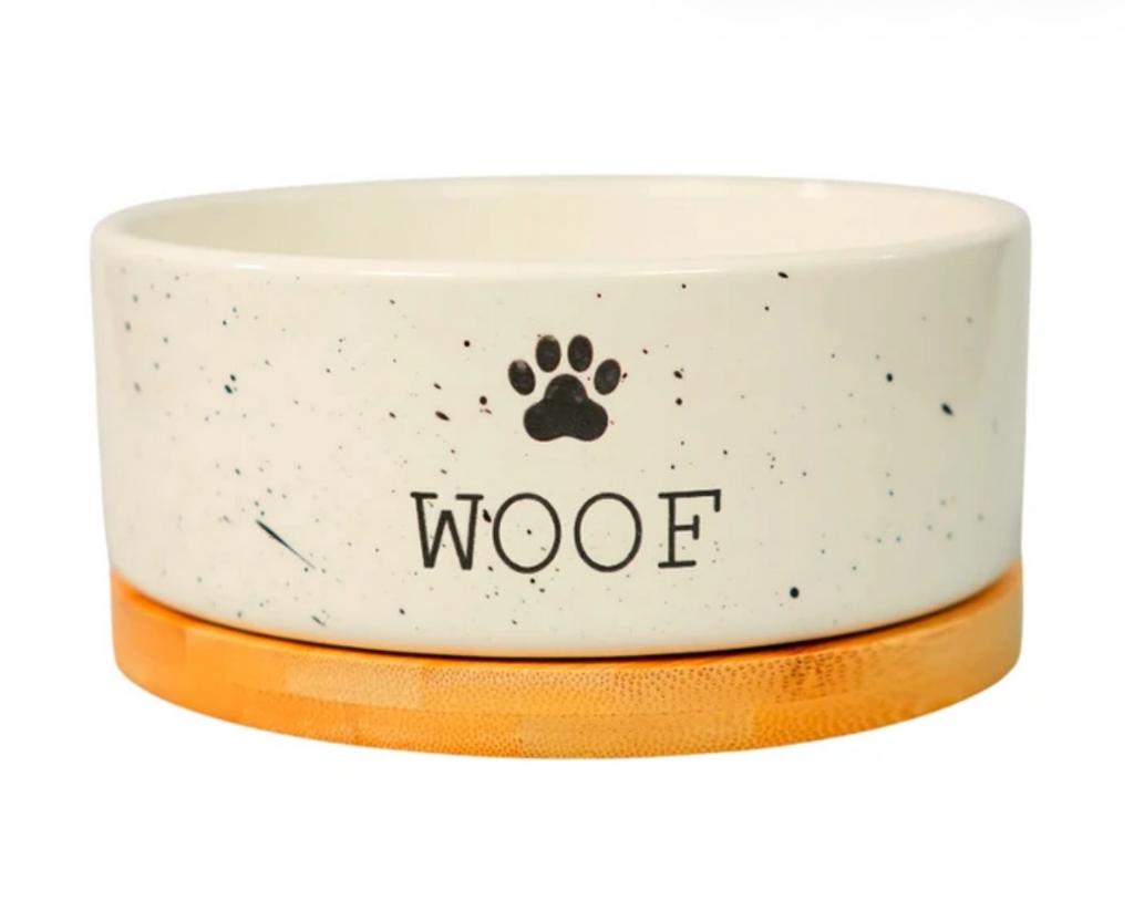 Миска Mr.Kranch Bamboo WOOF керамическая белая на бамбуковой подставке 860 мл