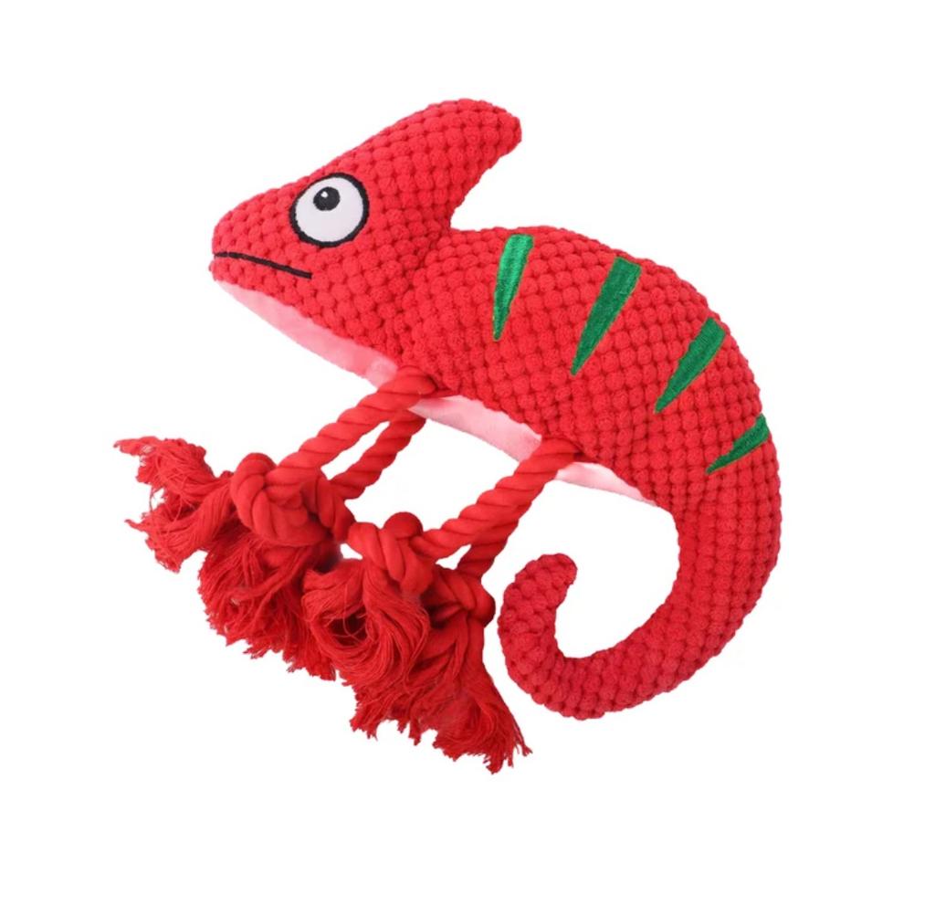 Игрушка Mr.Kranch для собак Хамелеон плюшевая с канатиками и пищалкой 26 см красная