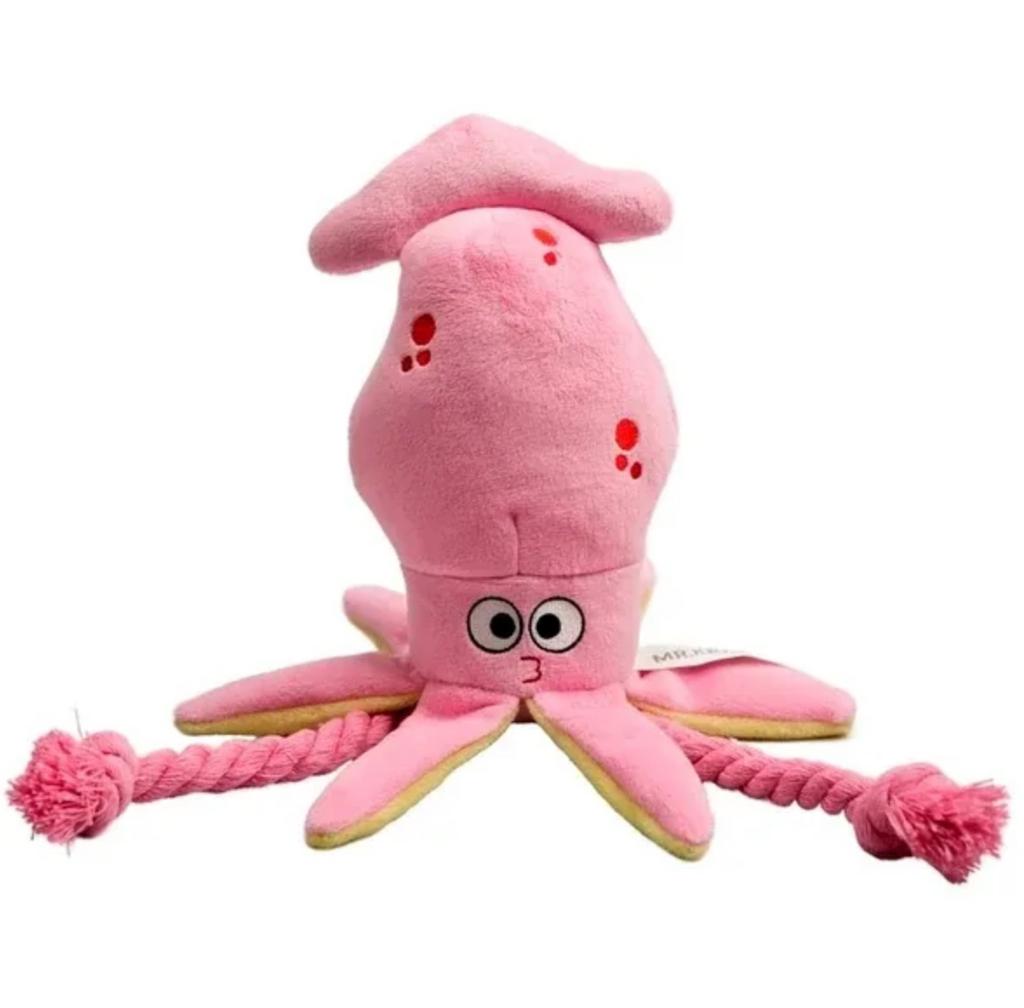 Игрушка Mr.Kranch. Для собак кальмар плюшевая с канатиками и пищалкой 26 см розовая