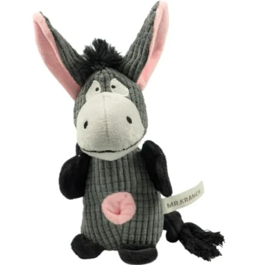 Игрушка Mr.Kranch  для собак ослик плюшевая с канатиками, пищалкой и карманом под лакомство 21 см серая
