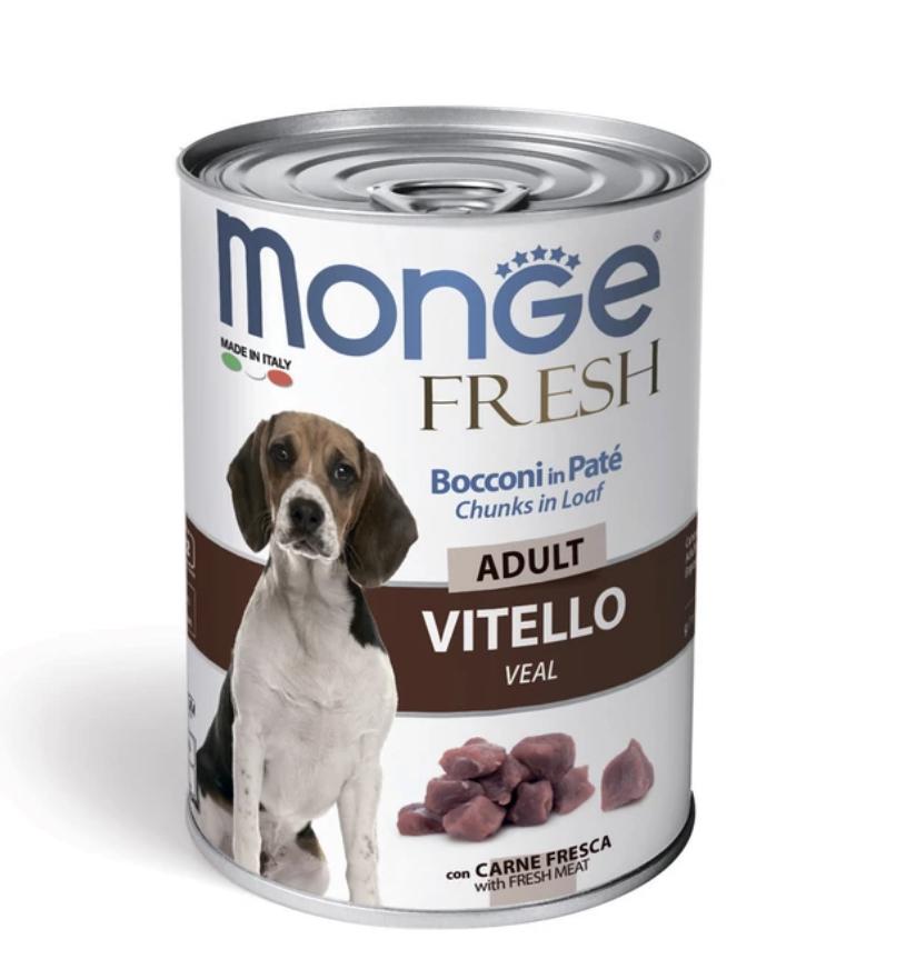 Влажный корм Monge Dog Fresh Chunks in Loaf для взрослых собак, мясной рулет из телятины, консервы 400 г