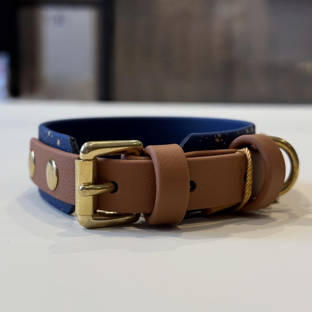 Ошейник "селёдка" из биотана тёмно-синий + карамельный