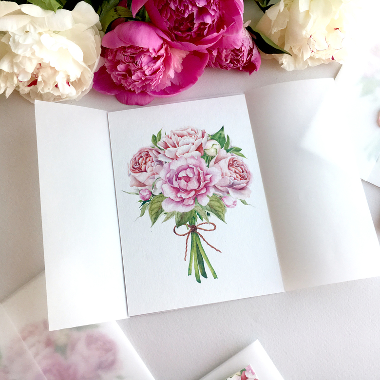 Приглашение с букетом розовых пионов
