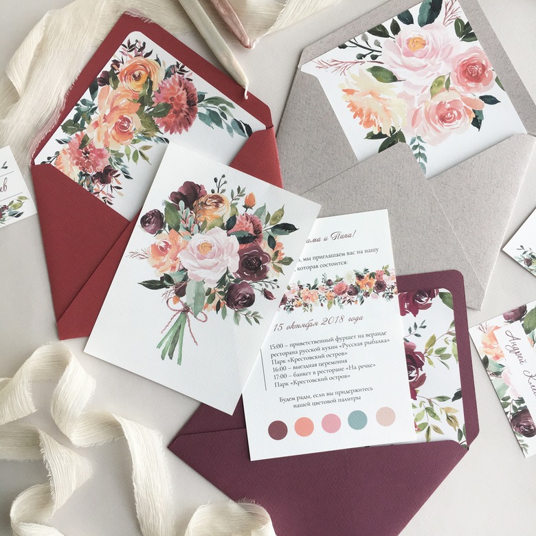 Приглашения на свадьбу в бордово-персиковой гамме