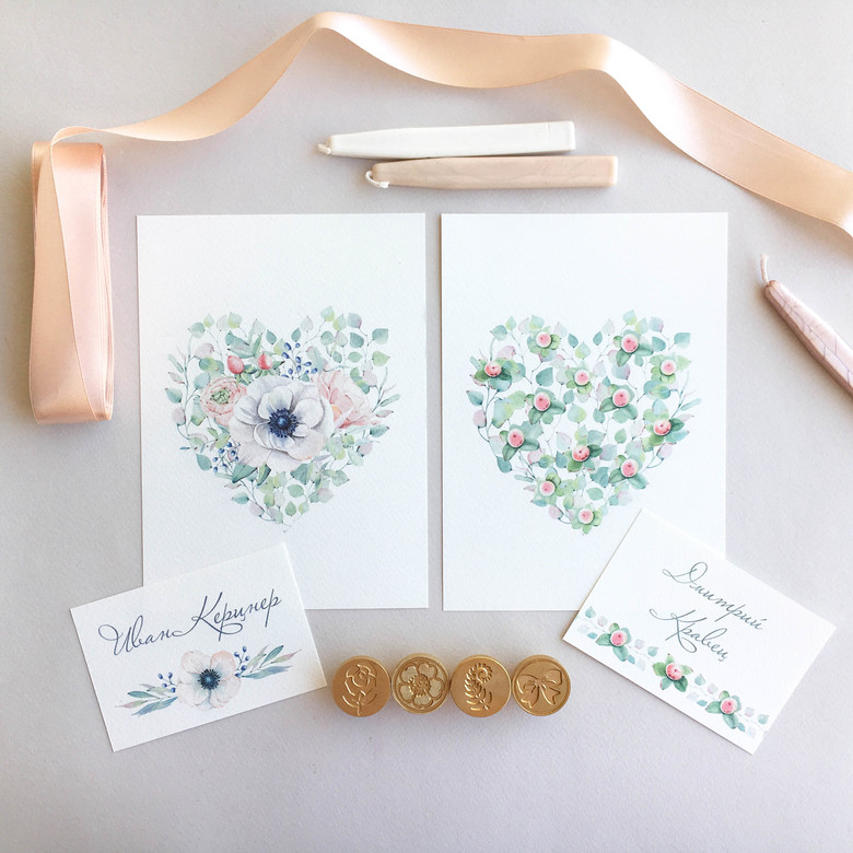 Приглашения на свадьбу с изображением сердца и цветами