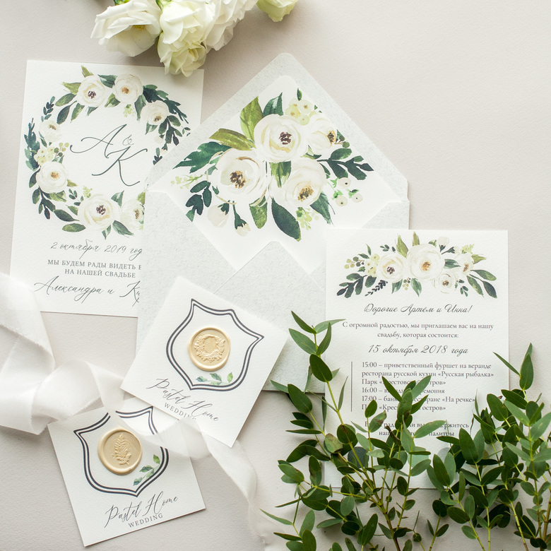 Пригласительные на свадьбу в бело-зеленом цвете