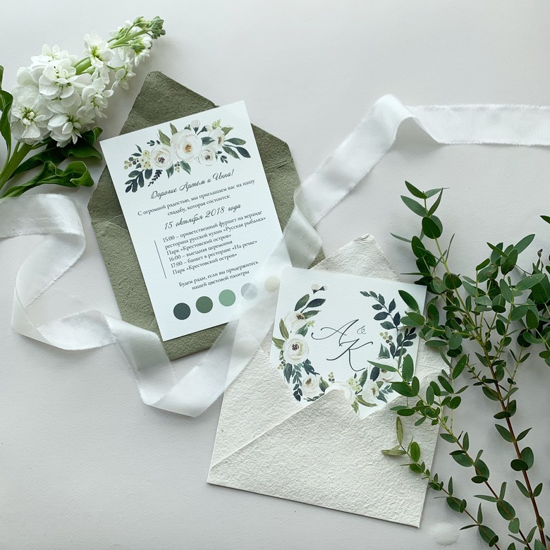 Пригласительные на свадьбу из бумаги ручного литья в стиле рустик в венке