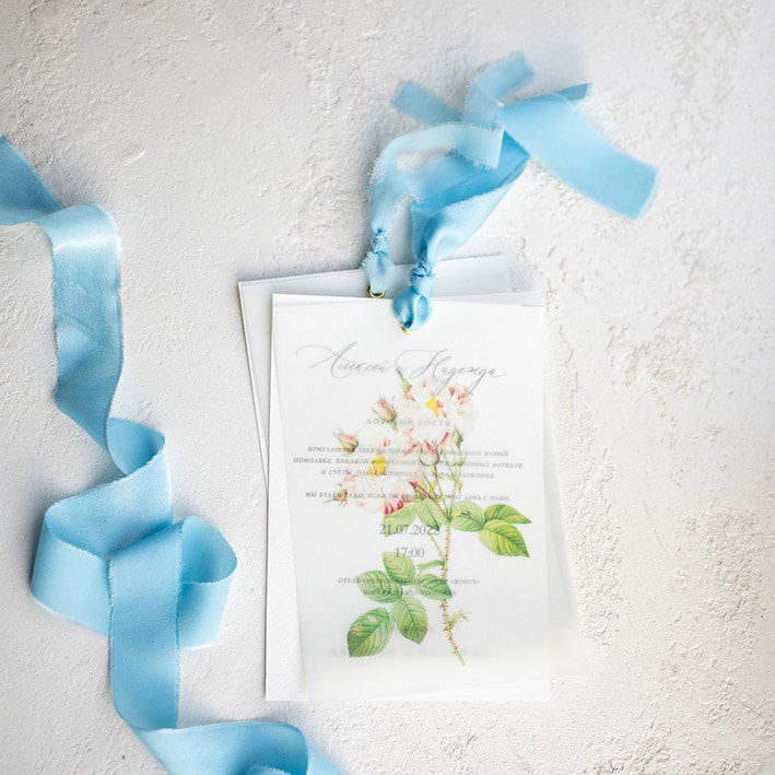 Пригласительные на свадьбу с калькой и шелковыми лентами