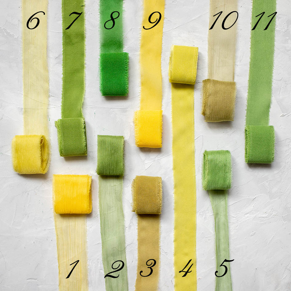 Шелковые ленты ручного окрашивания зеленые и желтые цвета