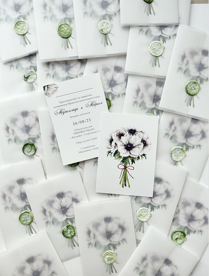 Пригласительные с букетом невесты из анемонов