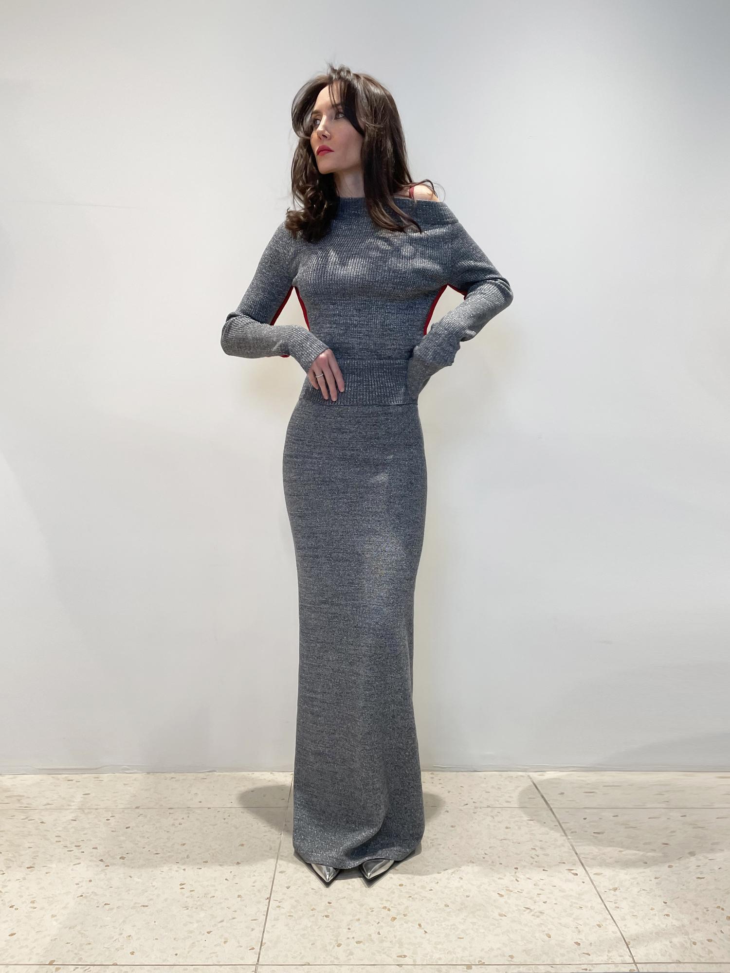 Костюм меланж: удлиненный топ+ юбка макси с разрезом сзади