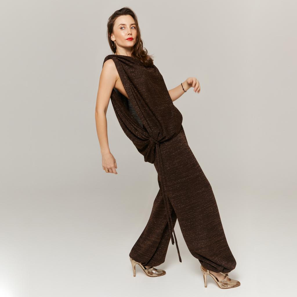 Топ с драпировкой, люрекс, шоколад/золото