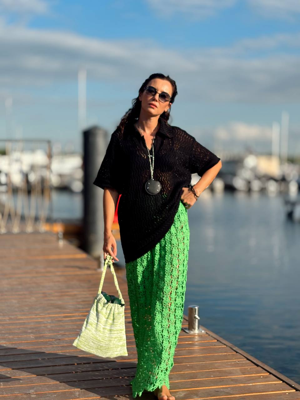 Юбка кроше \ ручная работа, цвет электрический зеленый