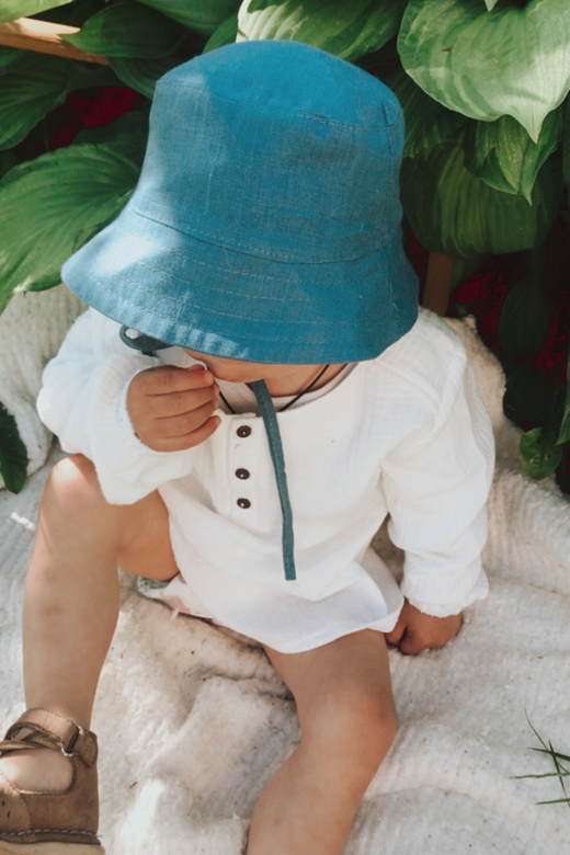 Панама из льна в цвете синий джинс на хлопковом подкладе