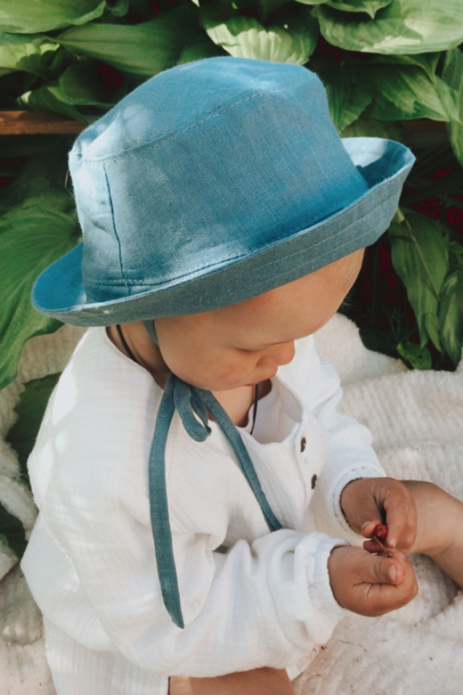 Панама из льна в цвете синий джинс на хлопковом подкладе