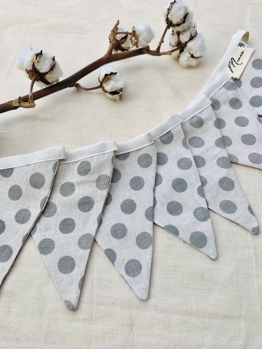 Флажки льняные серый принт на хлопковой ленте