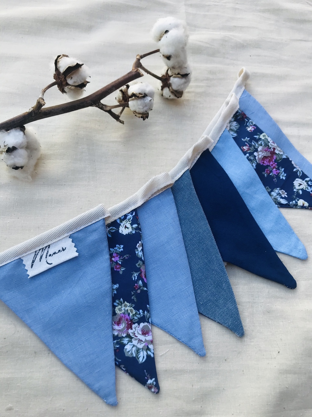 Флажки голубой принт на хлопковой ленте