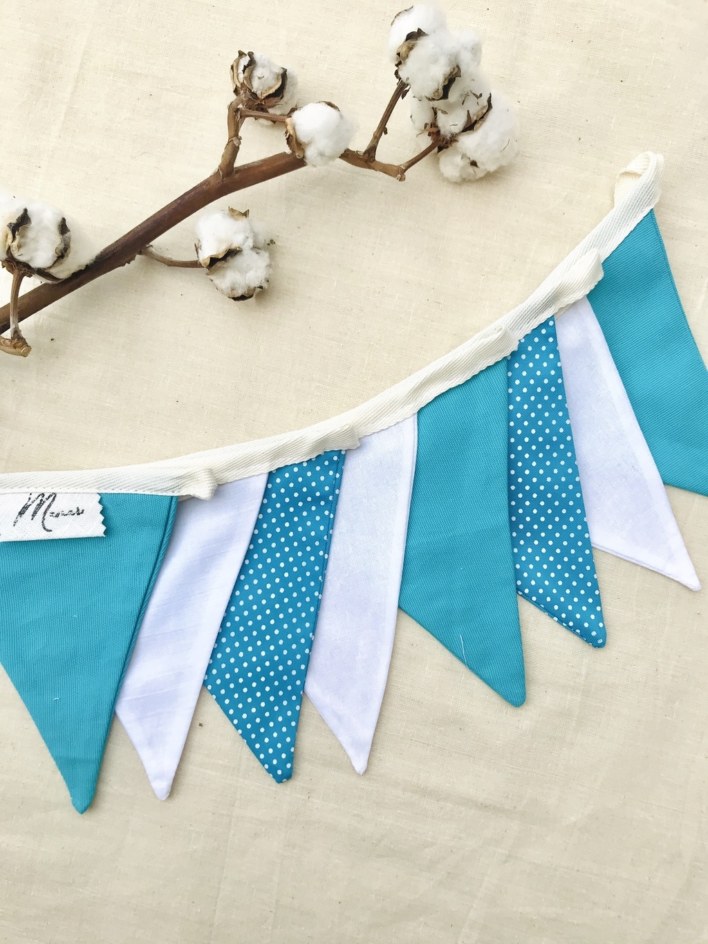 Флажки голубой принт на хлопковой ленте