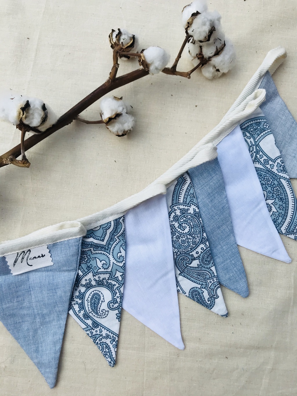 Флажки голубой принт на хлопковой ленте