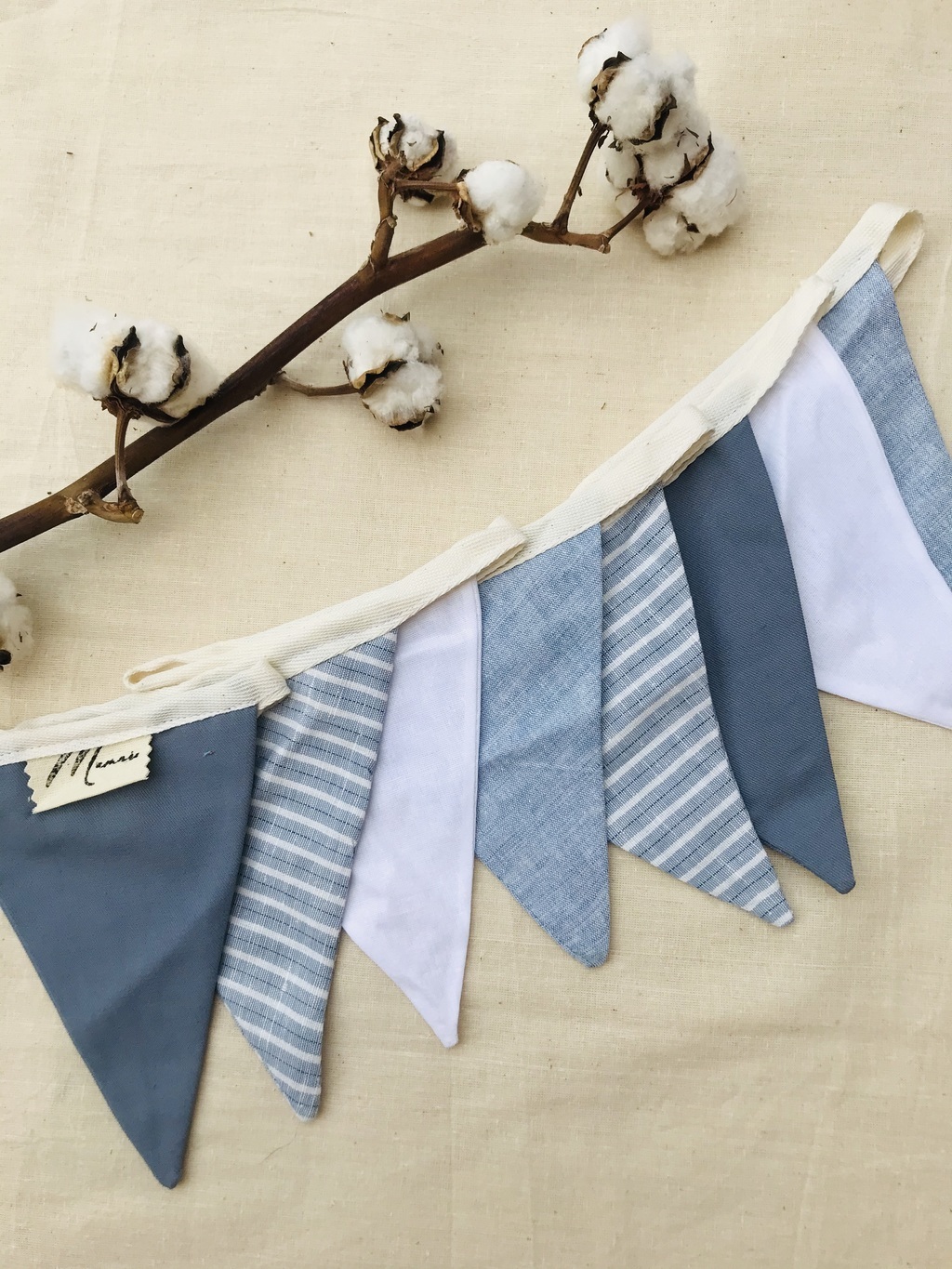 Флажки голубой принт на хлопковой ленте