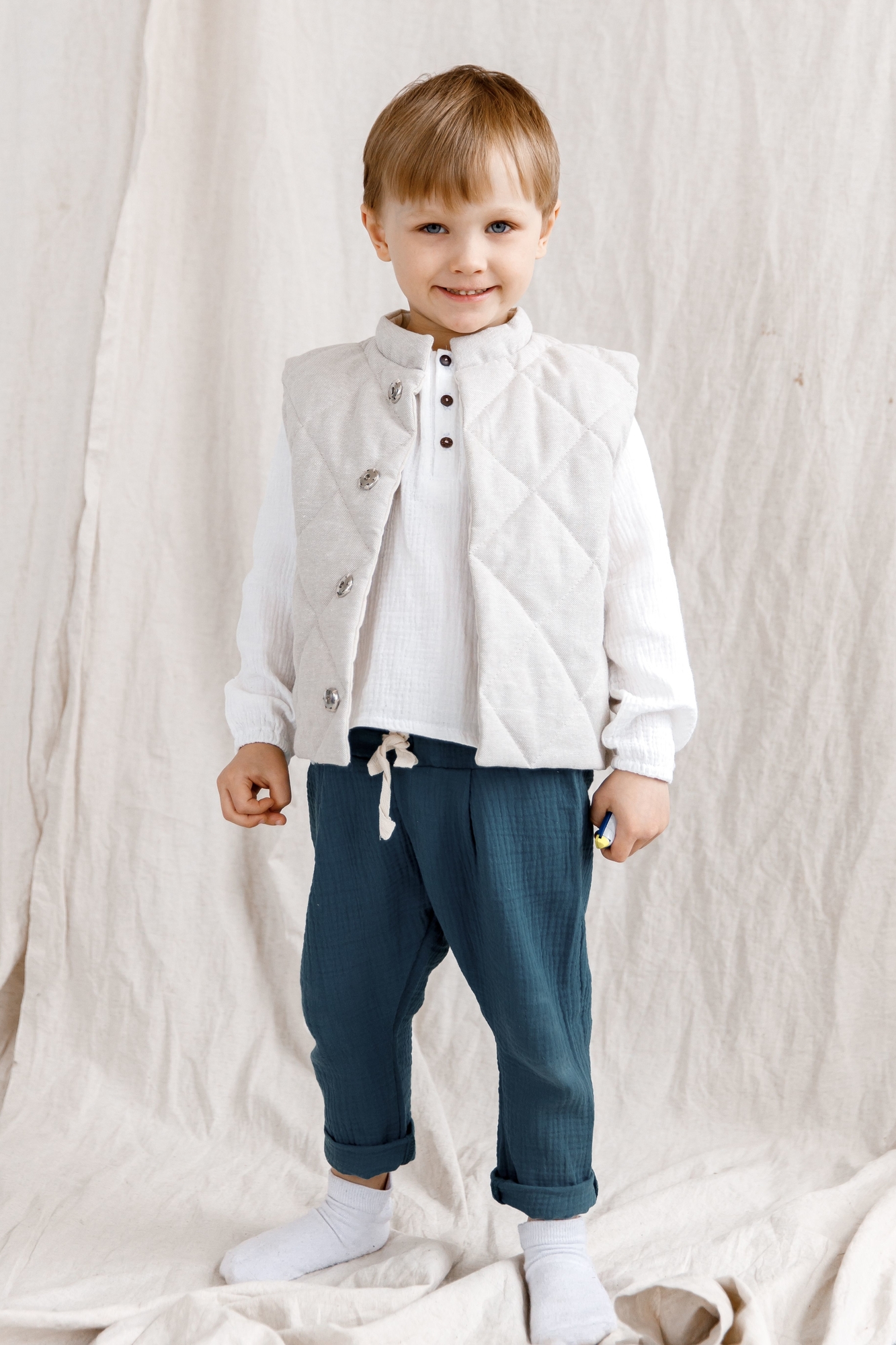 Жилет двухсторонний стёганный унисекс твидовый лён/лён натур