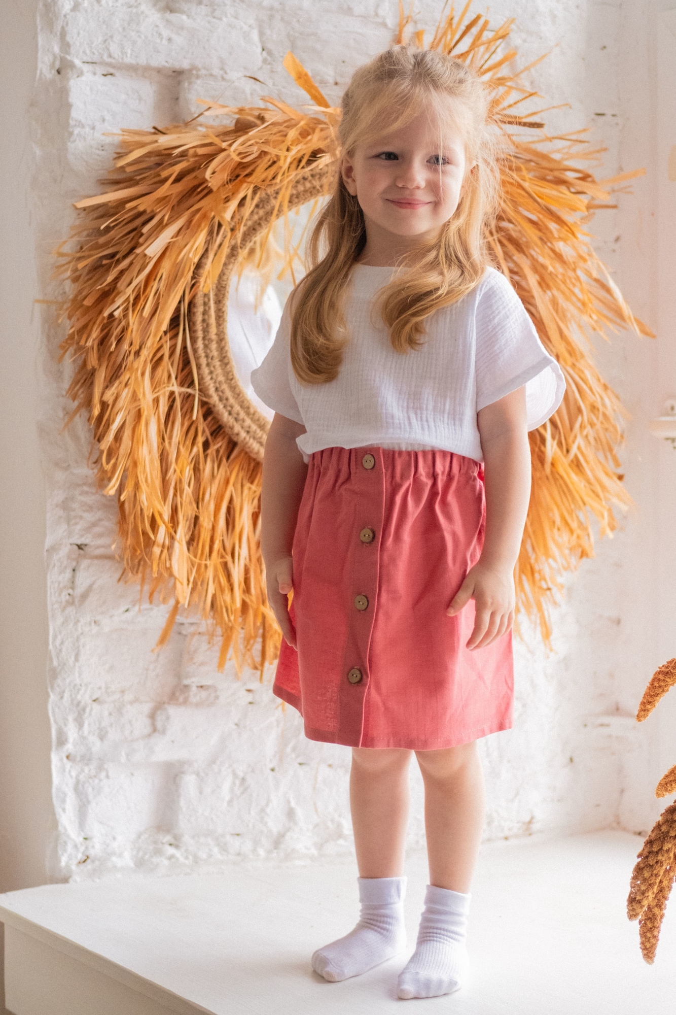 Юбка из льна "коралл" на кокосовых пуговицах