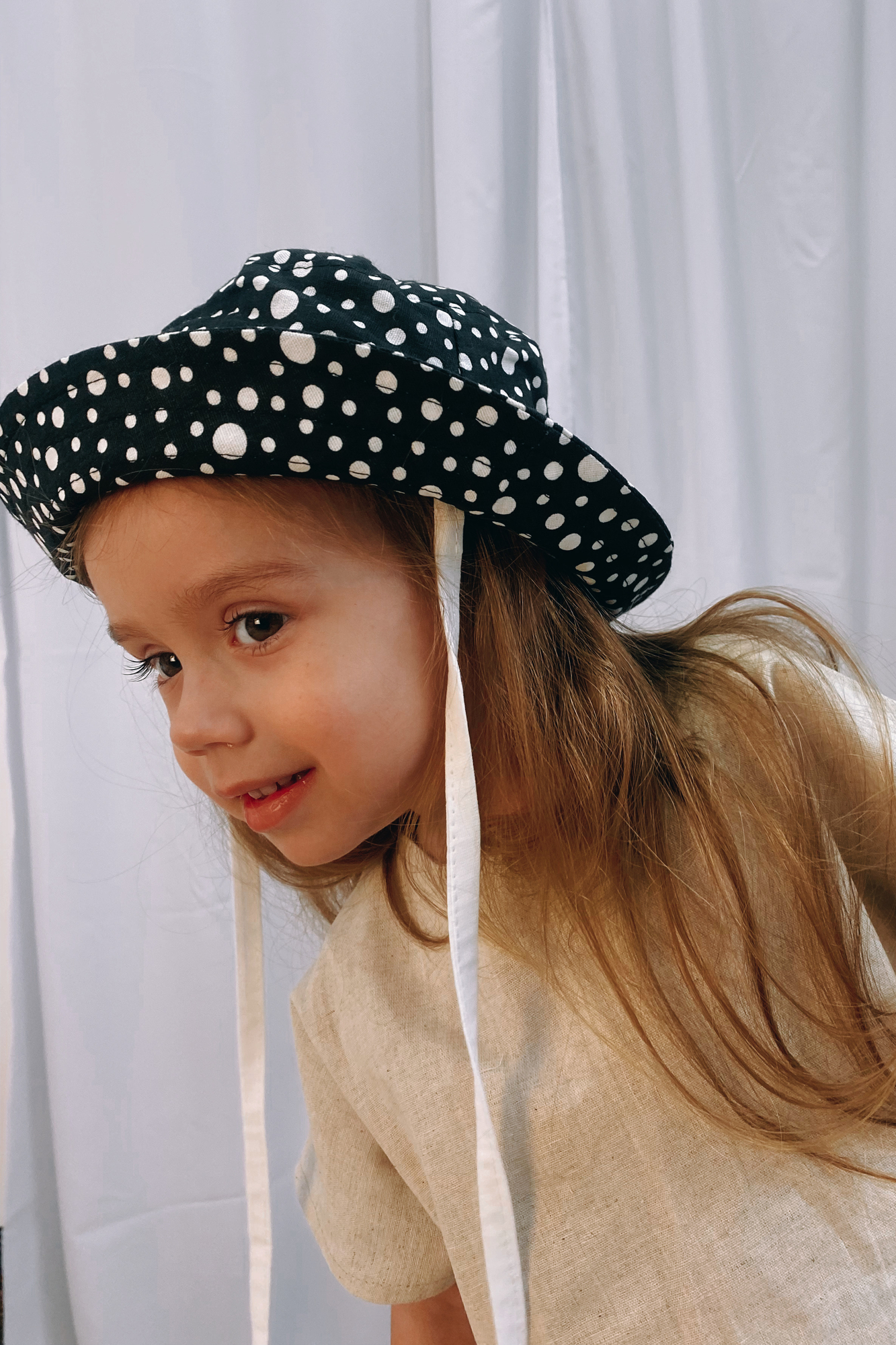 Панама из хлопка белый горох на черном на хлопковом подкладе