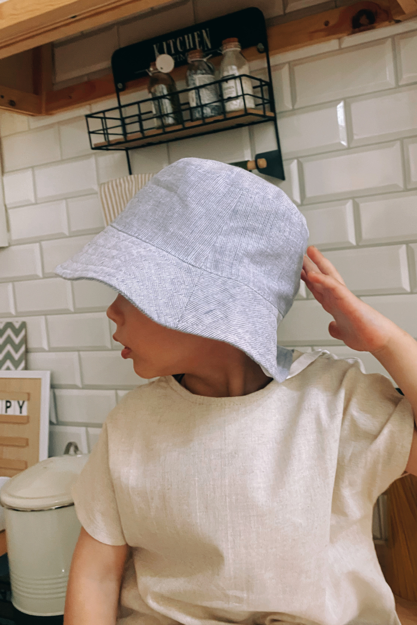 Панама из умягченного льна в цвете голубой меланж на хлопковом подкладе