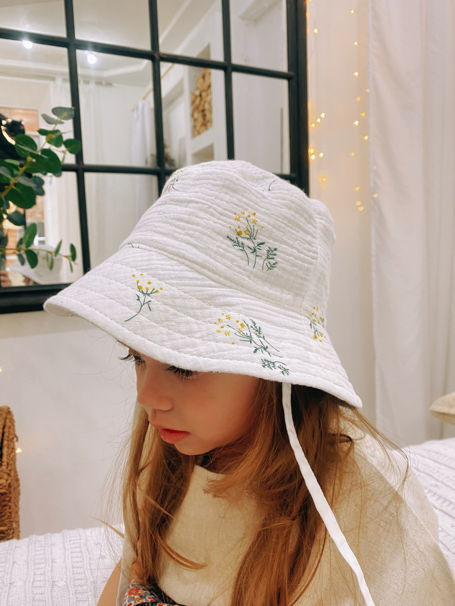 Панама из муслина мимоза на белом на хлопковом подкладе