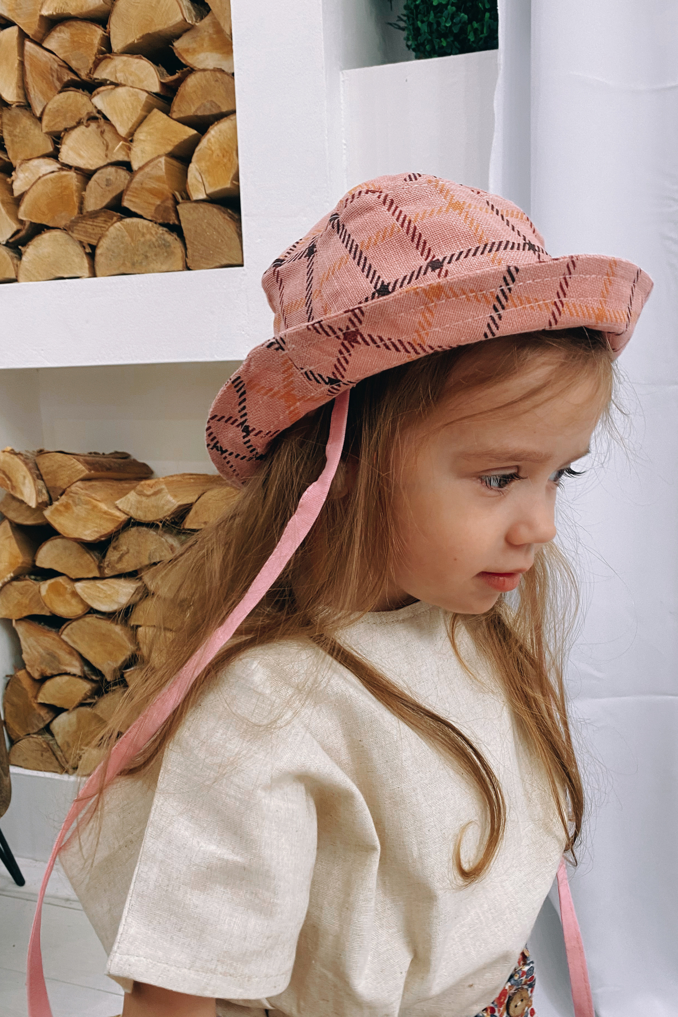 Панама из льна клетка на пудре на хлопковом подкладе