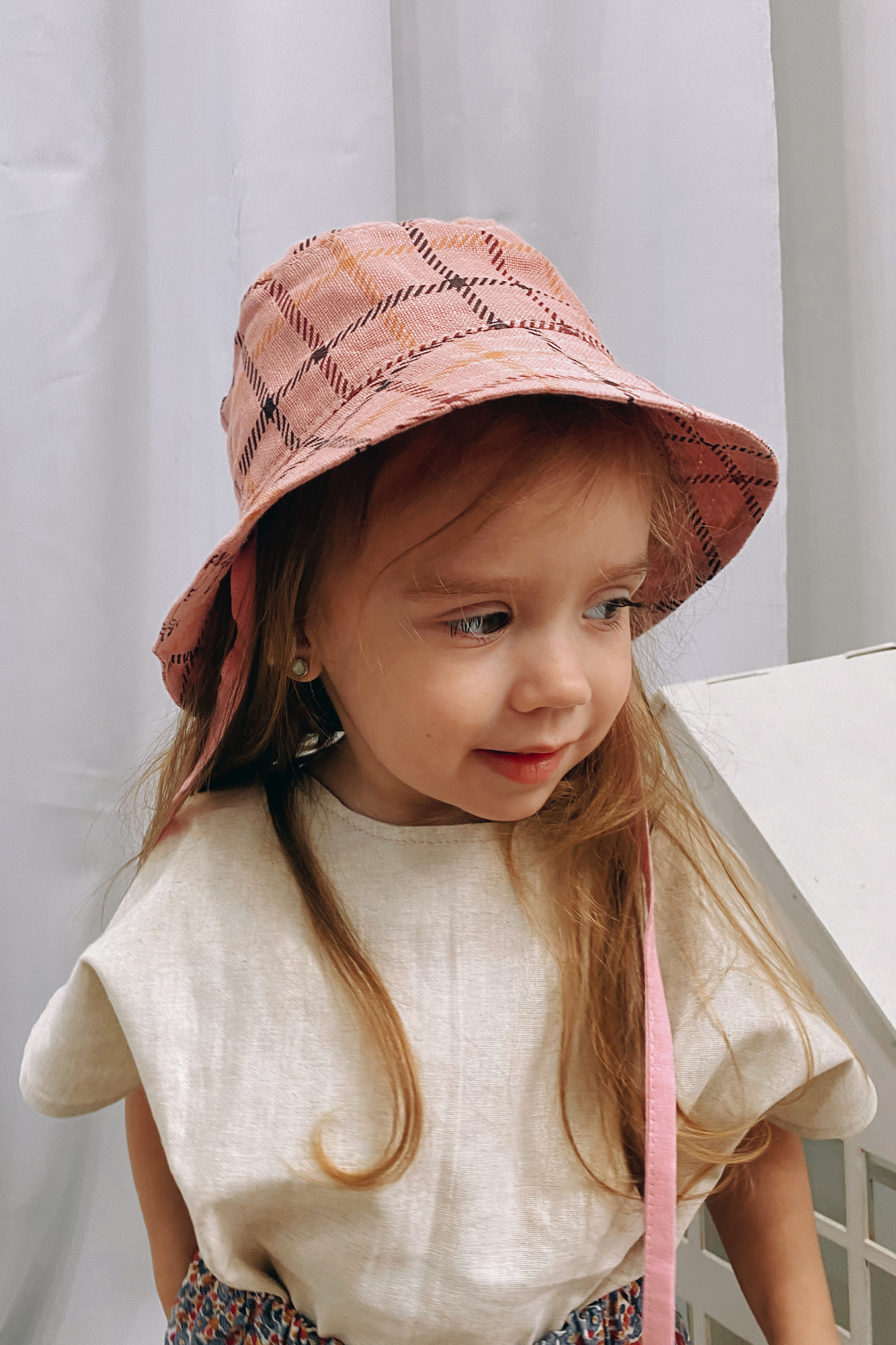 Панама из льна клетка на пудре на хлопковом подкладе