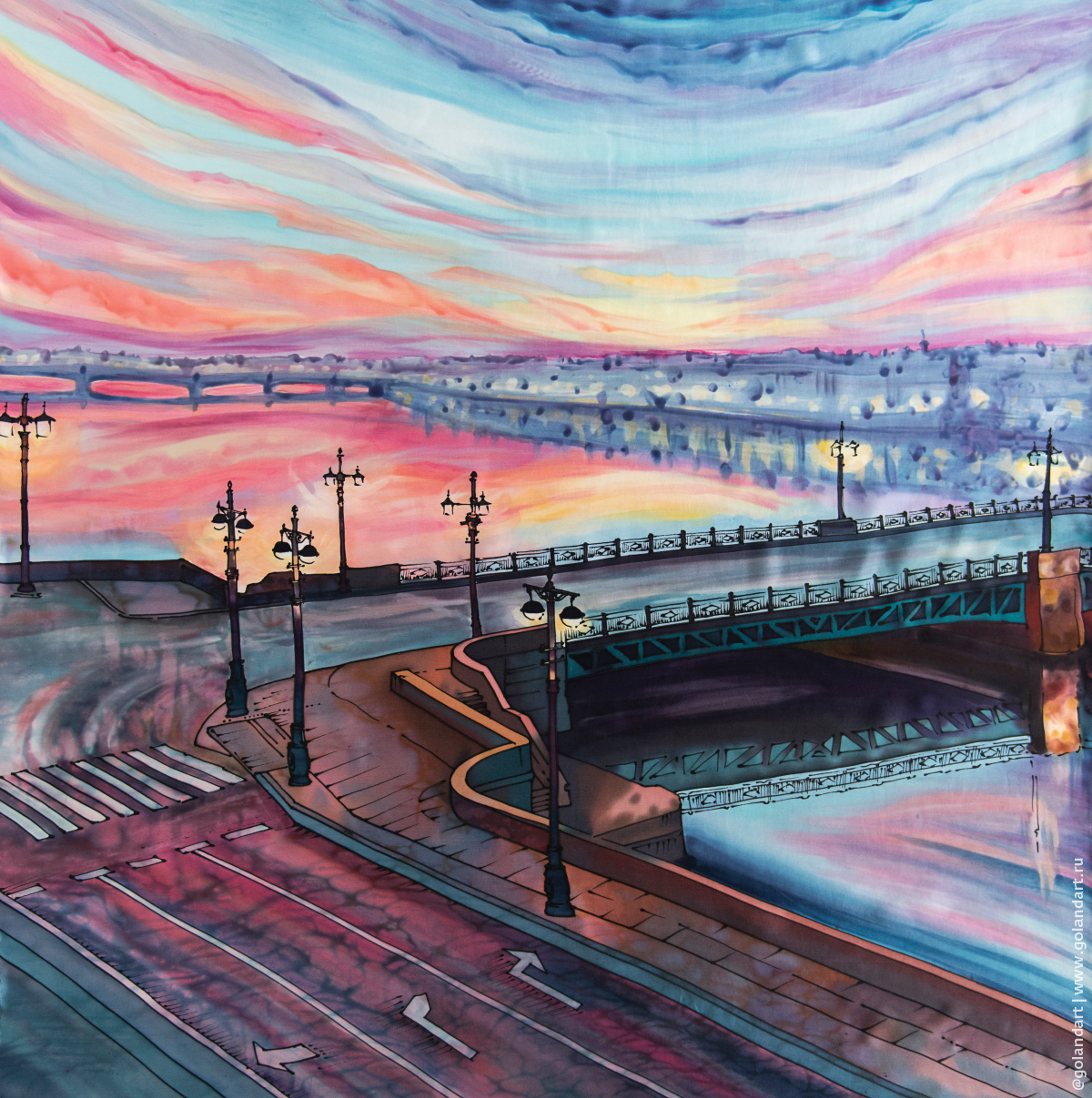 Платок «Дворцовый мост». Ручная роспись на натуральном шёлке (атлас, 90х90 см).