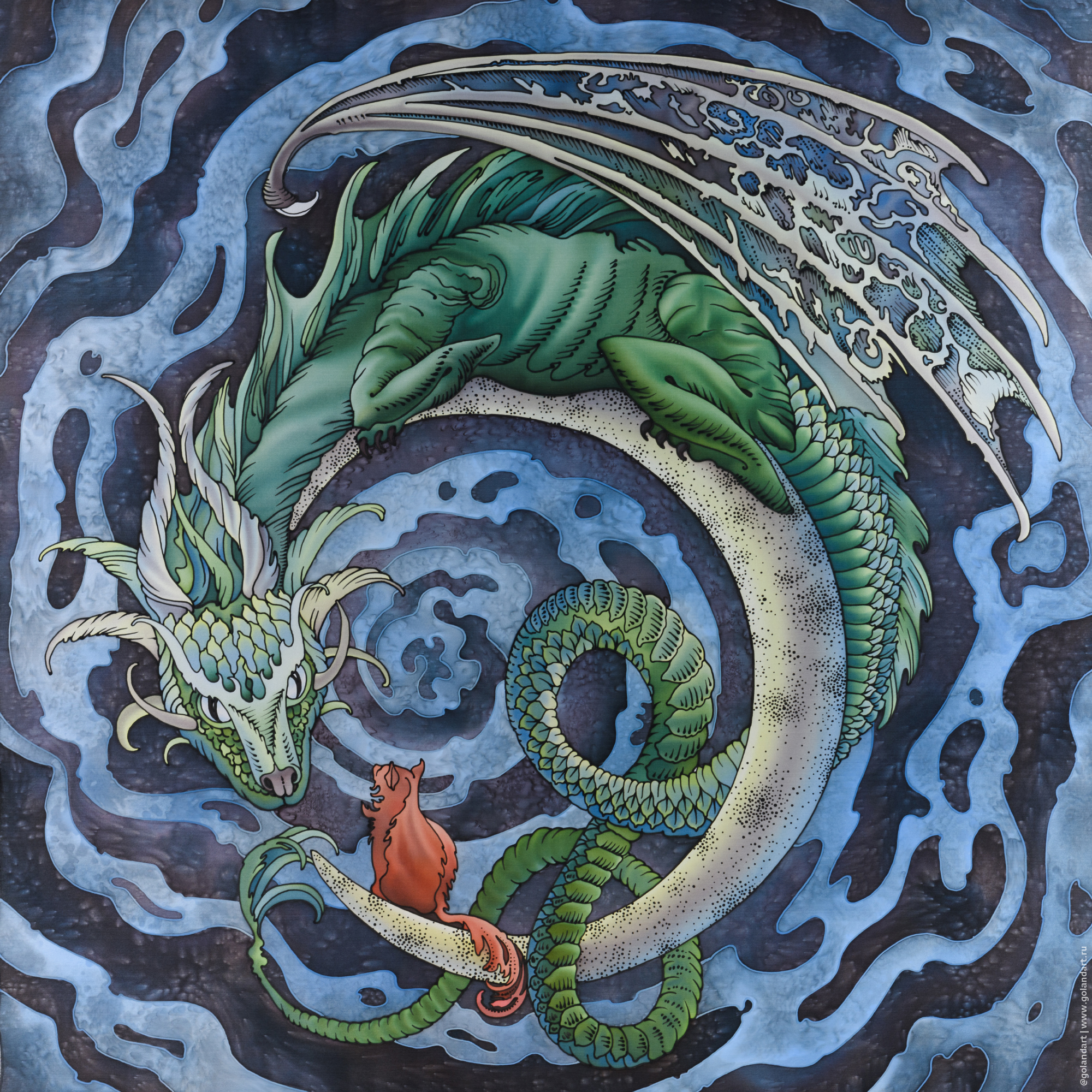 Платок «Лунный дракон и кошка» 90х90 см. Заказ росписи.