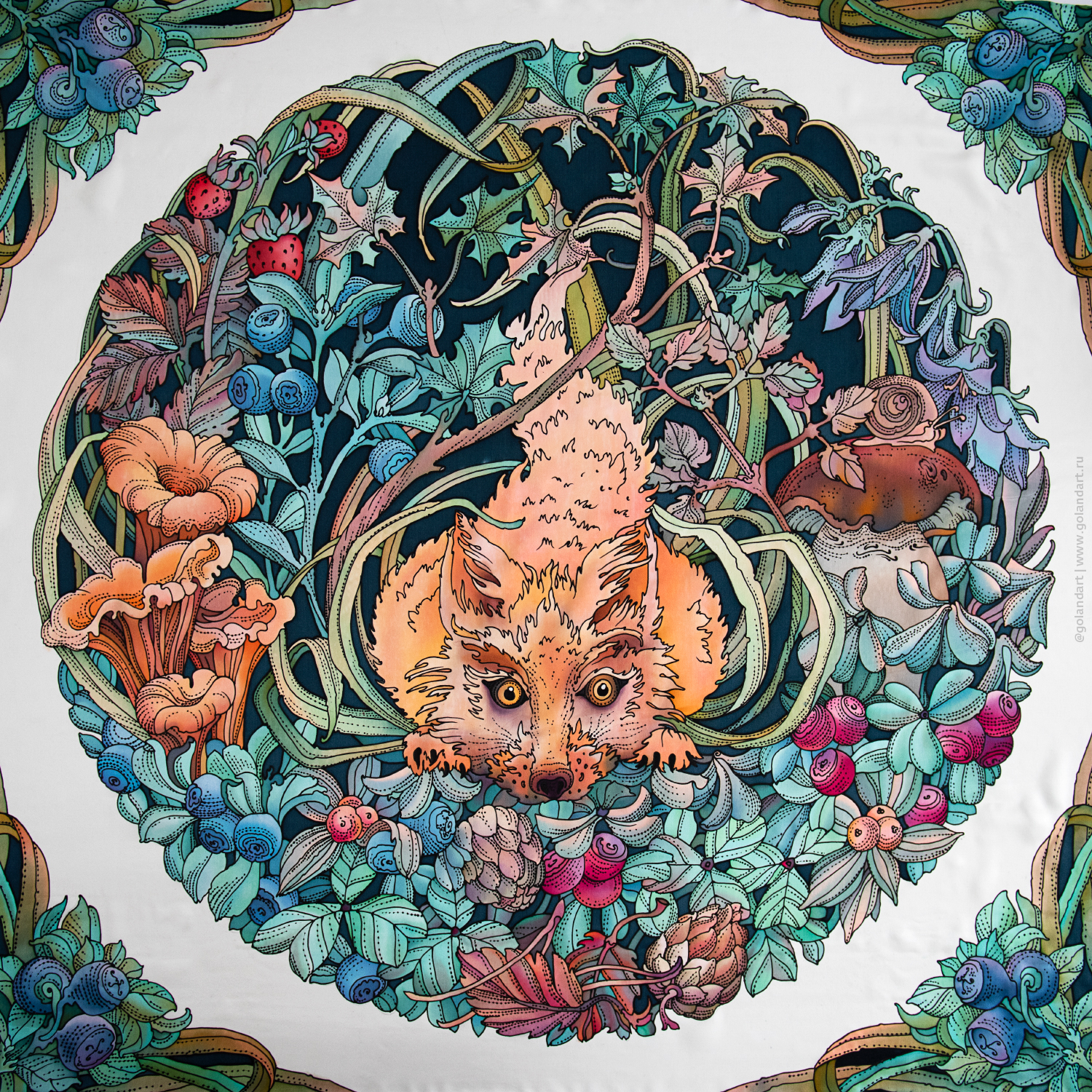 Платок «Лисенок в засаде» 90х90 см. Заказ росписи.