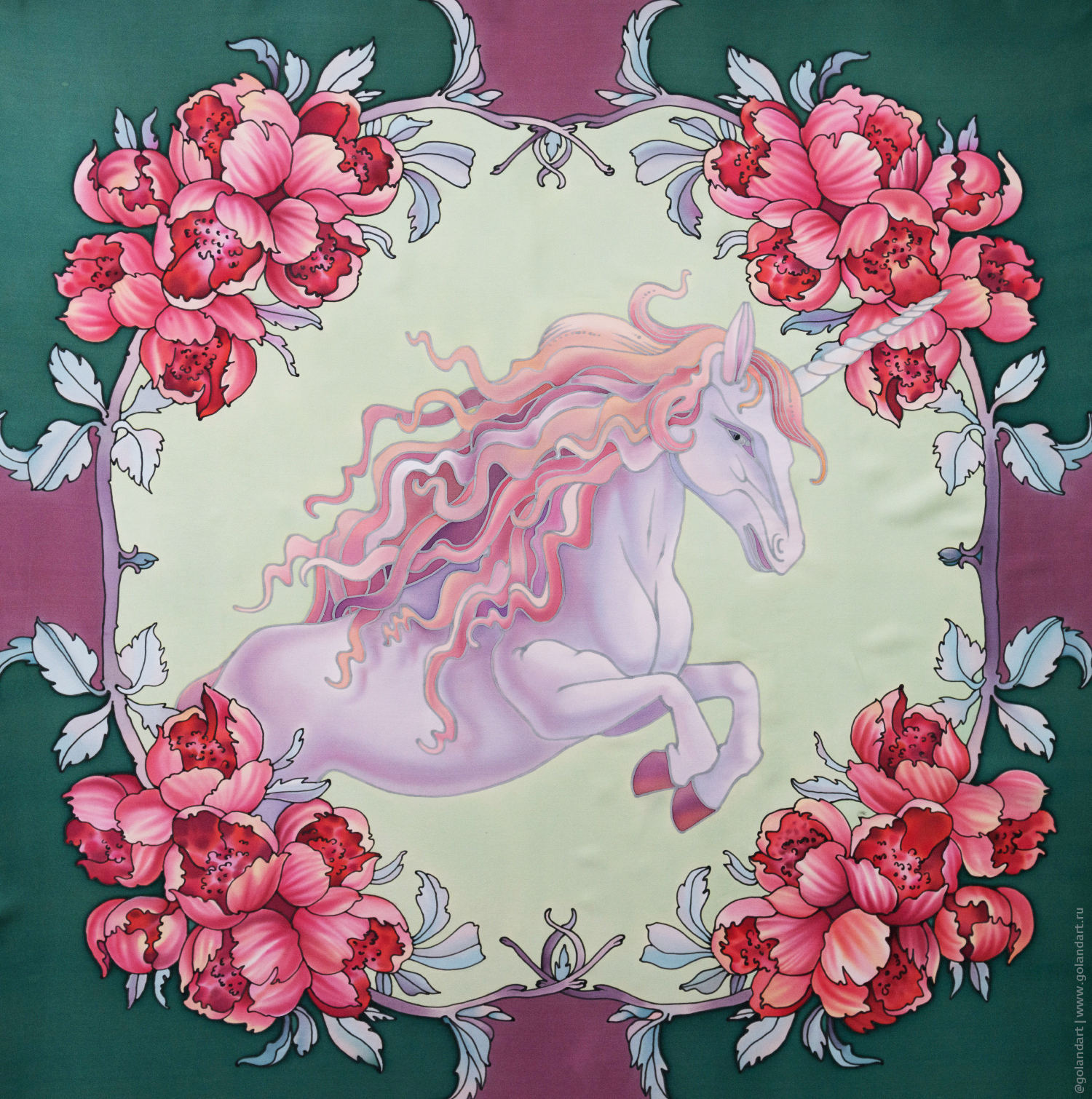 Платок «Серебристый единорог». Ручная роспись на натуральном шёлке (атлас, 90х90 см).