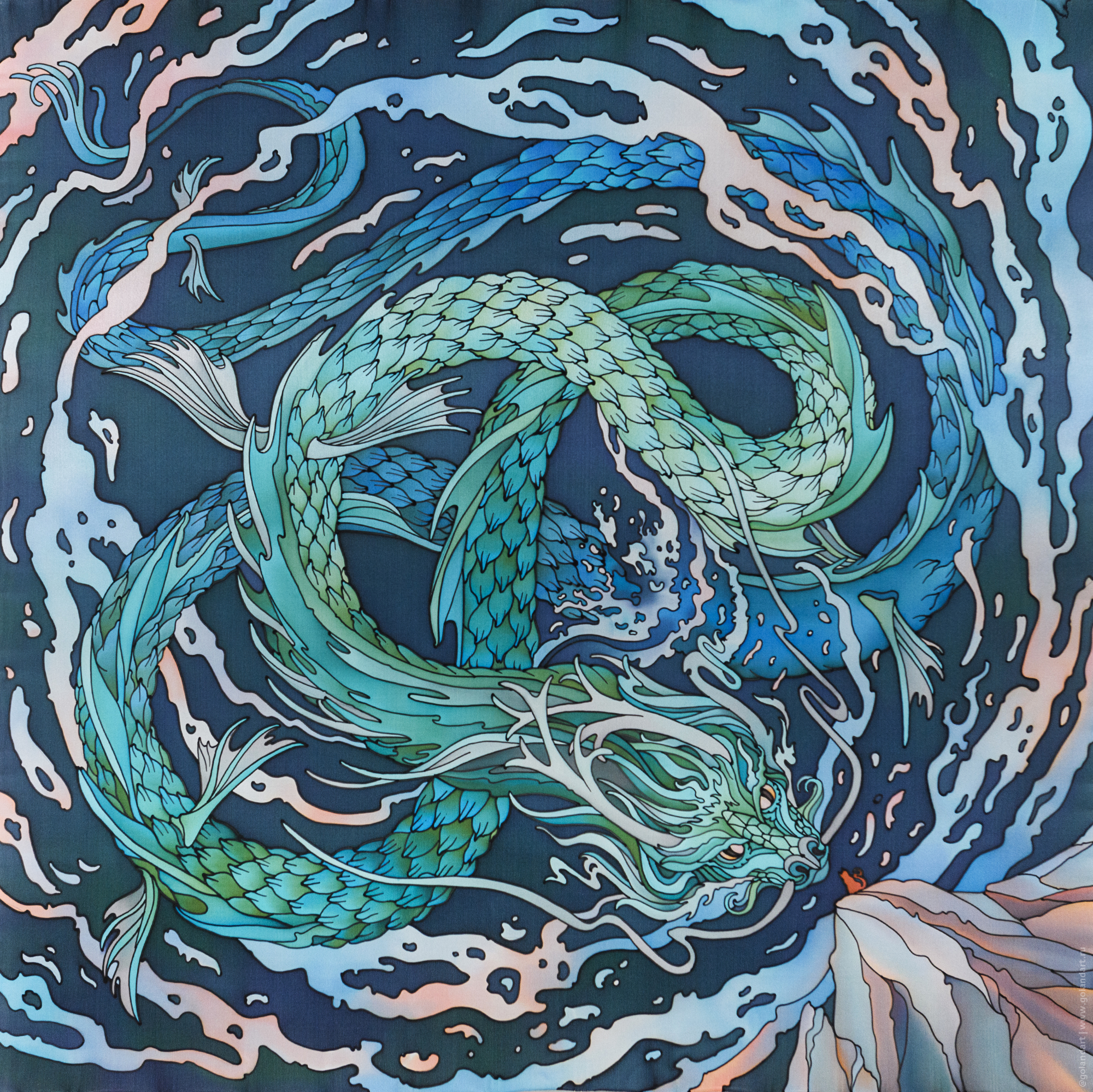 Платок «Дракон и кошка» 90х90 см. Заказ росписи.