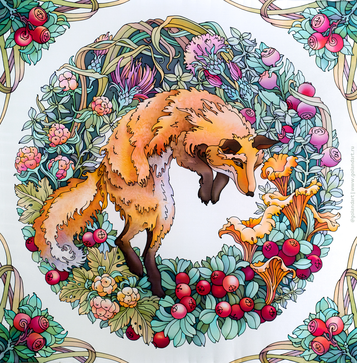 Платок «Лисички» 90х90 см. Заказ росписи.