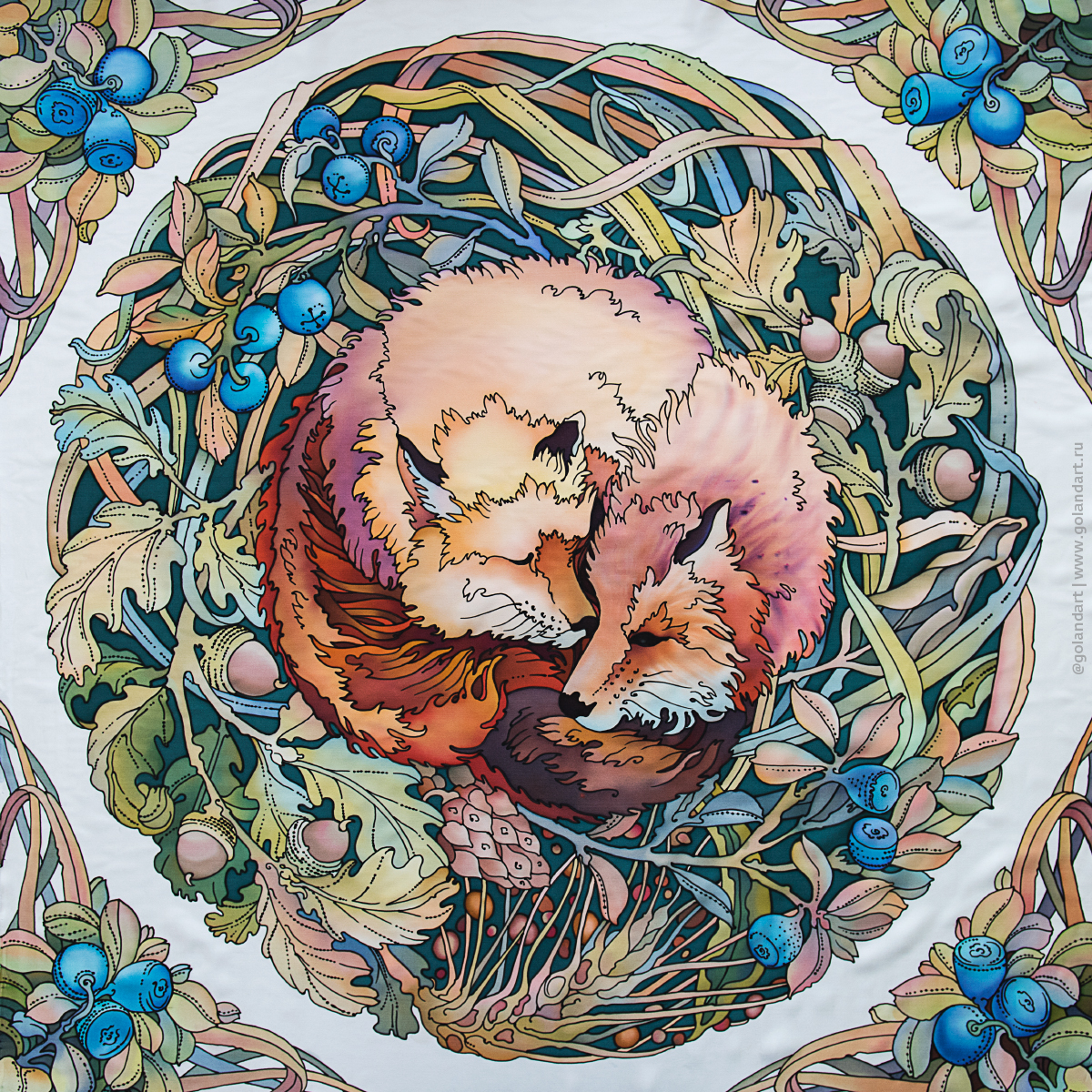 Платок «Спящие лисички» 90х90 см. Заказ росписи.