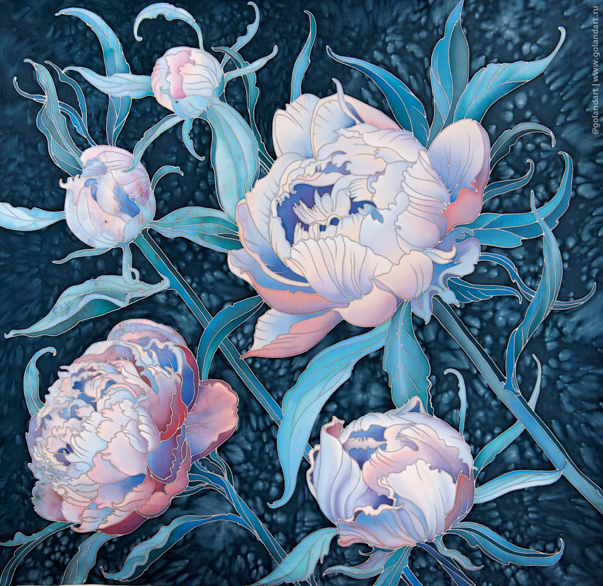 Платок «Пионы» 90х90 см. Заказ росписи.