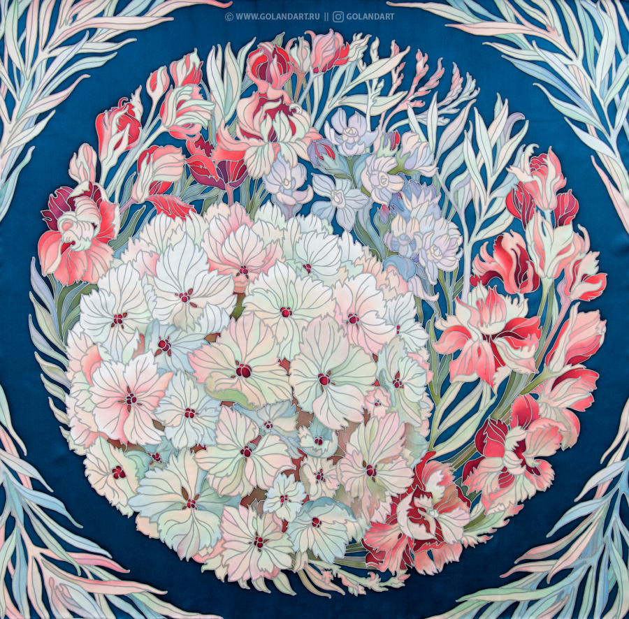 Платок «Гортензия и травы» 90х90 см. Заказ росписи.